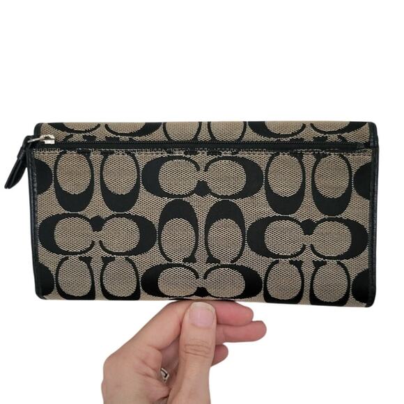 Coach‎ Signature Canvas & Leather Pleated Trifold Card Wallet Snap Clutch Brown - Picture 4 of 7